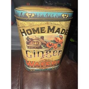 VTG Daher Ginger Wafers Biscuit Tin Metal Container Made in England Gold Teal